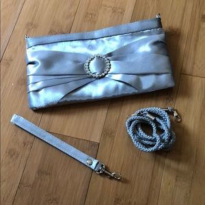 NWOT silver satin rhinestone clutch